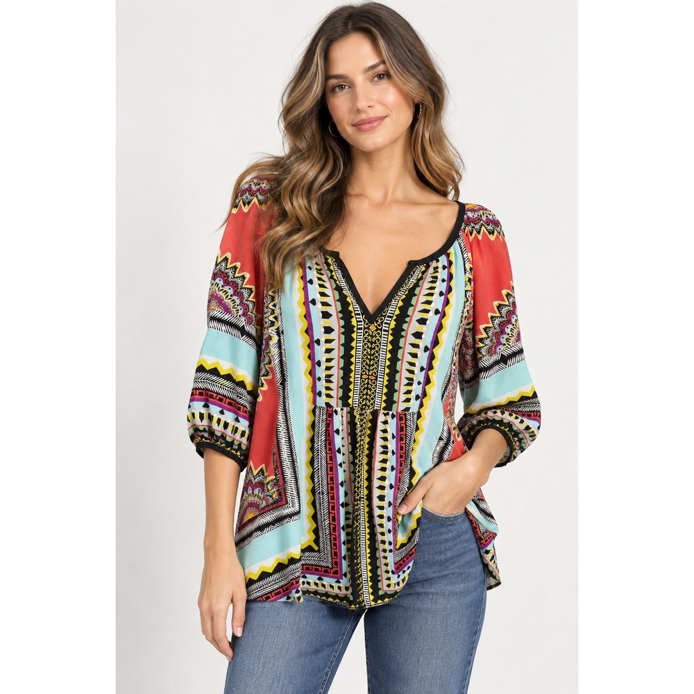 GLAM Peasant Blouse Women Large Boho Tribal Geometric Festival Chic Summer Top